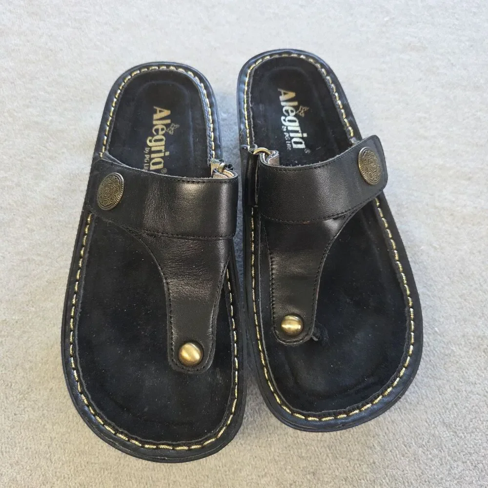 Alegria Carina Thong Leather Sandals Black Coal CAR-7406 Womens Size 37 Boho